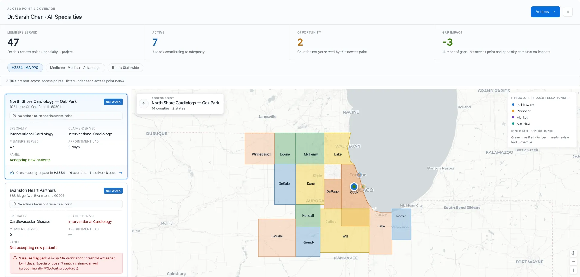 Access points and coverage view showing a map with county-level service areas and access point cards with adequacy metrics