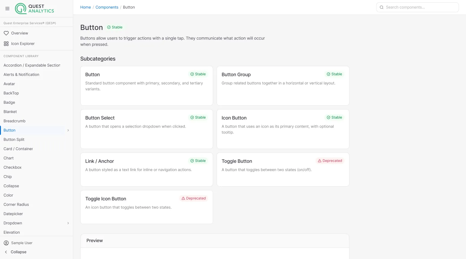 Component library button page documenting all button variants, states, and usage guidance