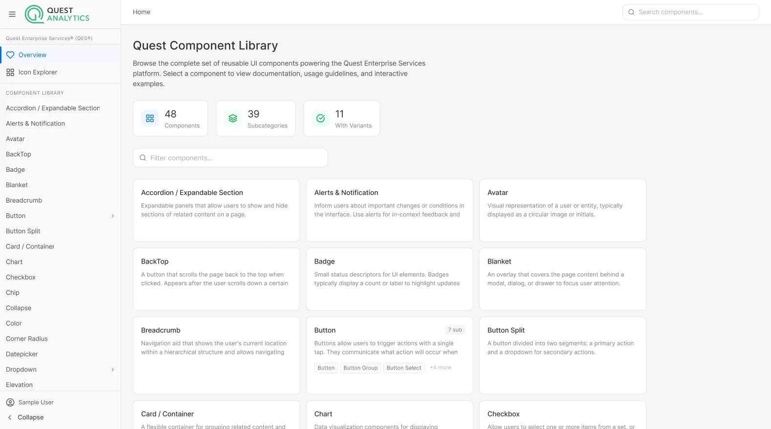 Component library overview showing the full set of standardized UI components
