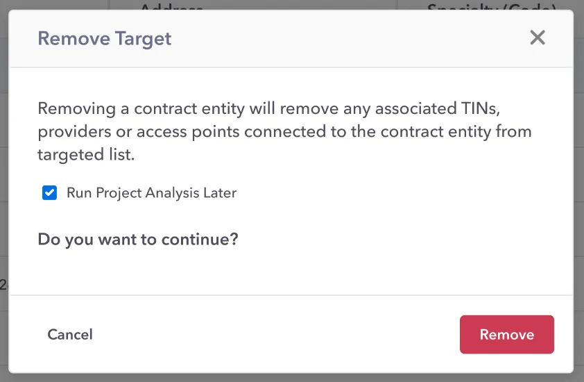 Remove target confirmation modal explaining downstream impact before a destructive action is completed