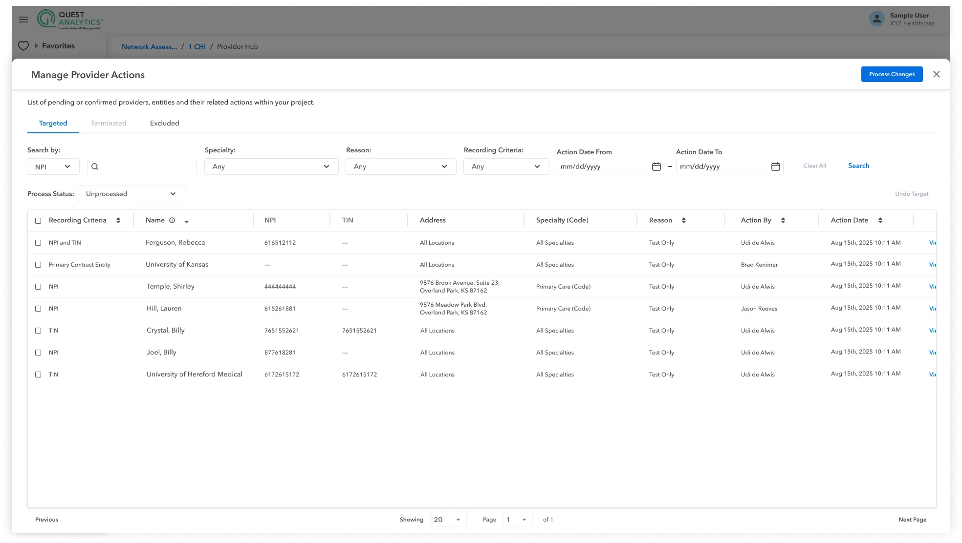 Provider action management interface showing the global action queue with status, deadline, and ownership columns