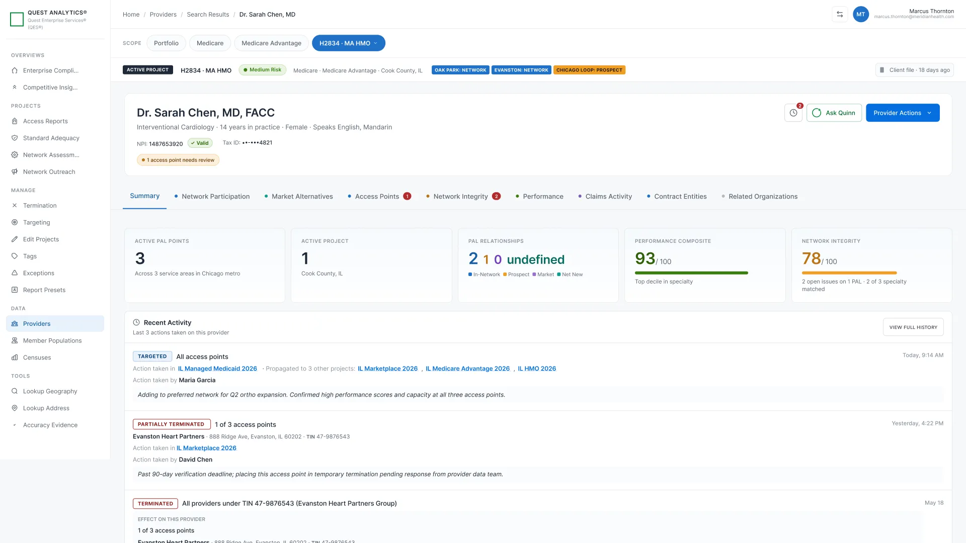 Full provider profile page showing provider identity, network participation status, compliance indicators, and tabbed data sections