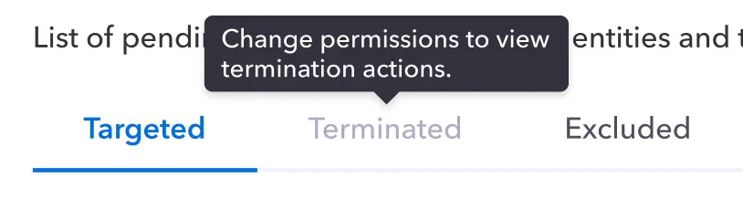 Tab navigation showing role-based permission tooltip — terminated actions require elevated access